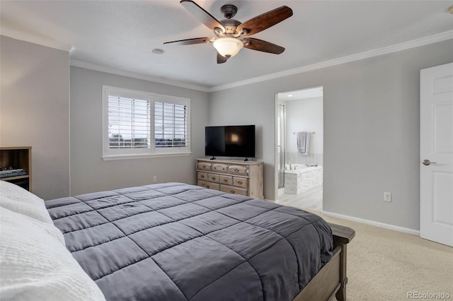 15372 E 117th Ave, Commerce City, CO 80022 - bedroom featuring carpet flooring, ornamental molding, baseboards, a ceiling fan, and connected bathroom
