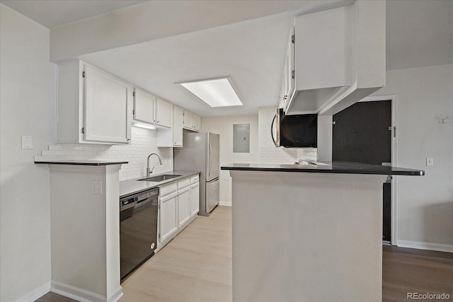8335 Fairmount Dr Unit 2-105, Denver, CO 80247 - kitchen featuring appliances with stainless steel finishes, a sink, electric panel, backsplash, and light wood-style floors
