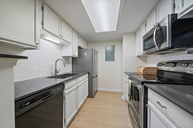 8335 Fairmount Dr Unit 2-105, Denver, CO 80247 - kitchen featuring appliances with stainless steel finishes, a sink, electric panel, and tasteful backsplash