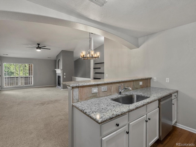 7131 S Wenatchee Way Unit C, Aurora, CO 80016 - kitchen with dishwasher, a peninsula, a ceiling fan, light stone countertops, and a fireplace