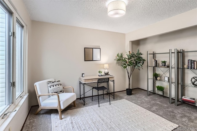 living area with carpet floors, a textured ceiling, and baseboards