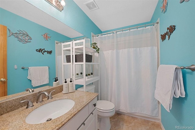 full bathroom with vanity, tile patterned floors, toilet, and shower / bathtub combination with curtain