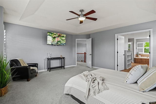 24682 E Ontario Dr, Aurora, CO 80016 - bedroom featuring a raised ceiling, carpet, baseboards, and ceiling fan