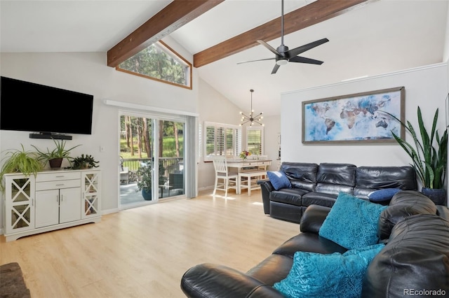 living room with light hardwood / wood-style flooring, high vaulted ceiling, beamed ceiling, and ceiling fan with notable chandelier