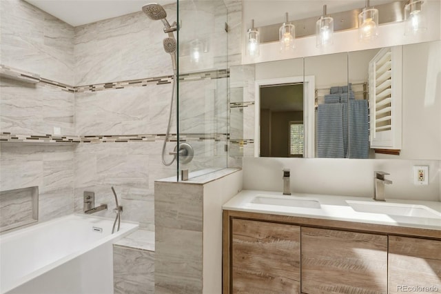 bathroom featuring tile walls, dual vanity, tile patterned flooring, and separate shower and tub