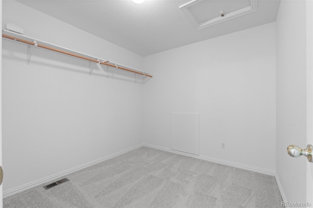 spacious closet featuring light carpet