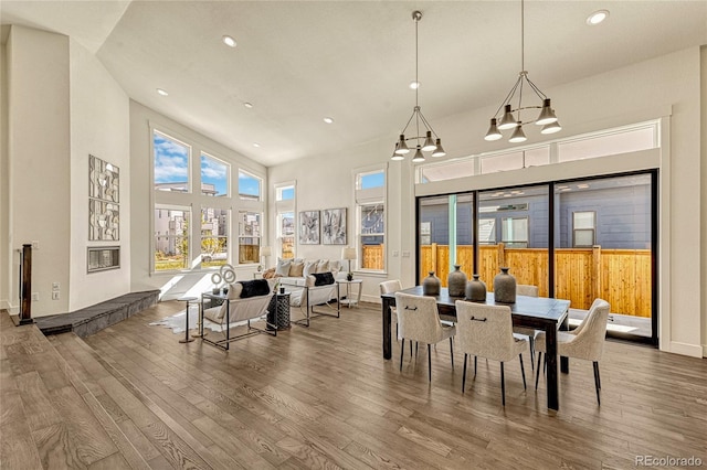 dining room with wood-type flooring and high vaulted ceiling