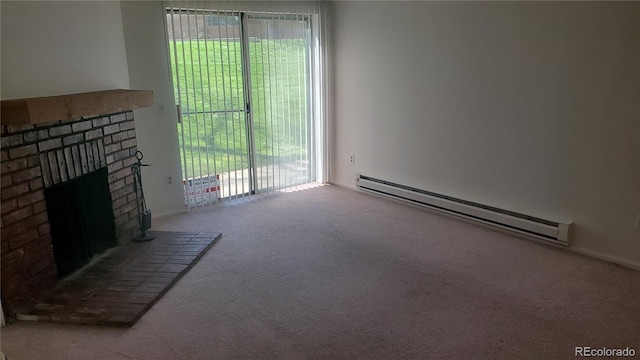 unfurnished living room featuring a fireplace, carpet, and a baseboard radiator