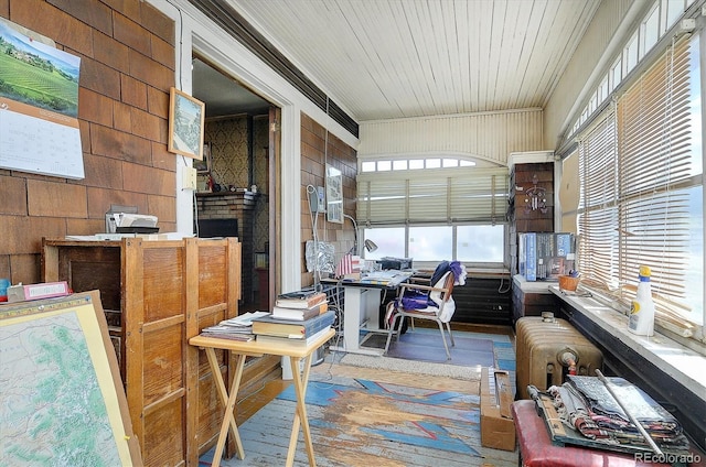 office with crown molding and wooden ceiling