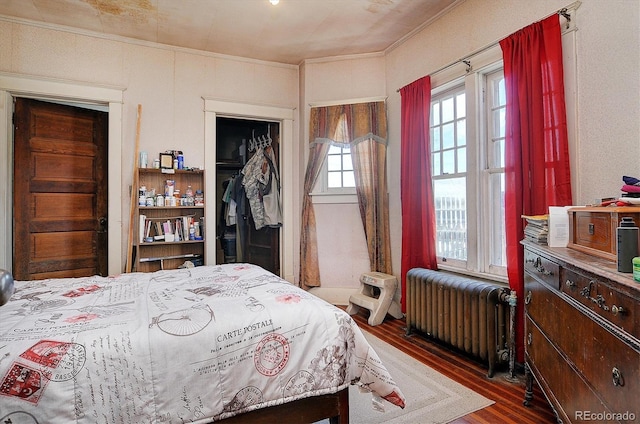 bedroom with dark hardwood / wood-style flooring, radiator heating unit, and a closet