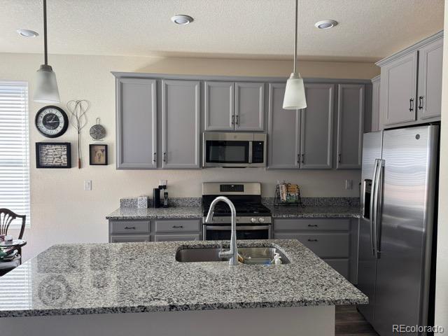 kitchen featuring appliances with stainless steel finishes, gray cabinets, light stone countertops, an island with sink, and pendant lighting