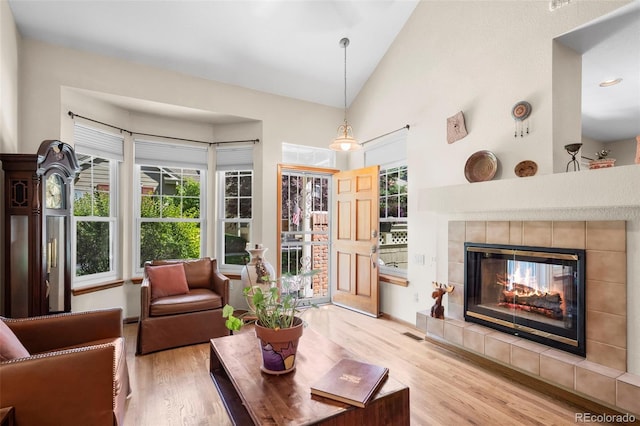 9869 Julian Way # B, Westminster, CO 80031 - living area featuring wood finished floors, a fireplace, plenty of natural light, and vaulted ceiling