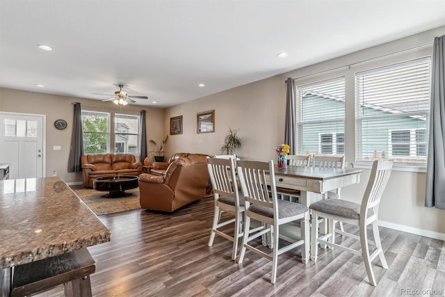 304 S 2nd Ave, Deer Trail, CO 80105 - dining room featuring wood finished floors, a ceiling fan, recessed lighting, and baseboards