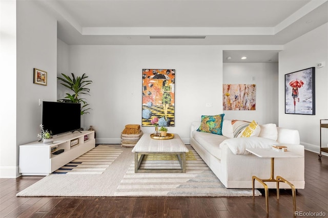 living room featuring wood-type flooring and a tray ceiling