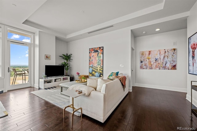 living room featuring dark hardwood / wood-style flooring and a tray ceiling