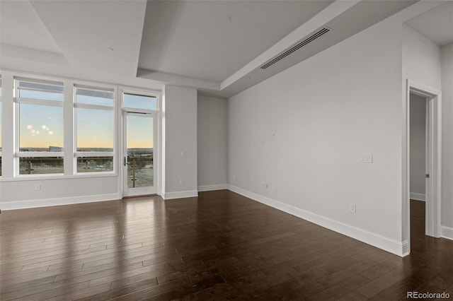 spare room featuring a tray ceiling and dark wood-type flooring