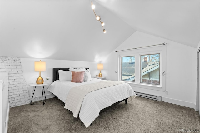 bedroom with lofted ceiling, carpet floors, and a baseboard radiator