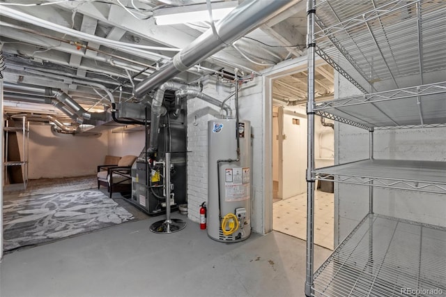 basement with heating unit and water heater