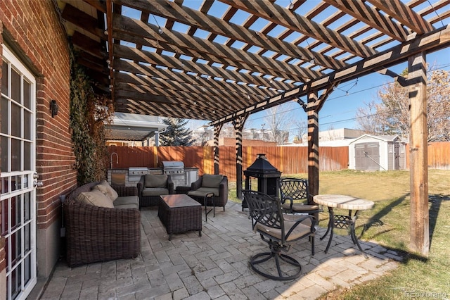 view of patio / terrace with grilling area, a pergola, outdoor lounge area, and a storage unit