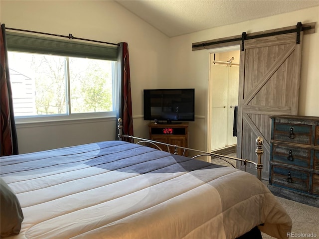 bedroom featuring lofted ceiling, a barn door, and carpet