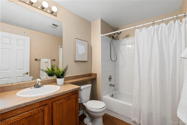 bathroom featuring toilet, shower / bath combo with shower curtain, tile patterned floors, visible vents, and vanity