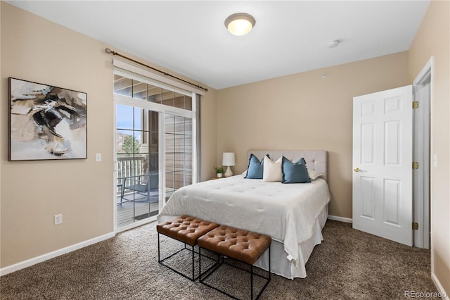 carpeted bedroom featuring baseboards and access to exterior