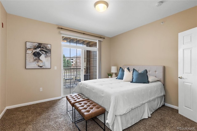 bedroom with baseboards, access to outside, and carpet floors