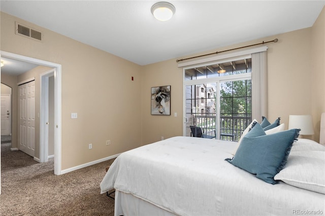 bedroom with carpet, visible vents, baseboards, and access to exterior