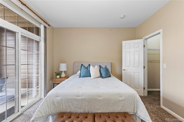 carpeted bedroom with baseboards and access to exterior