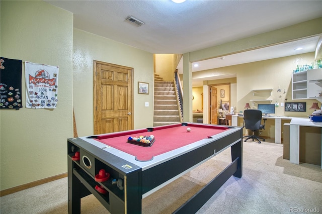 game room featuring carpet flooring, visible vents, baseboards, billiards, and a textured wall