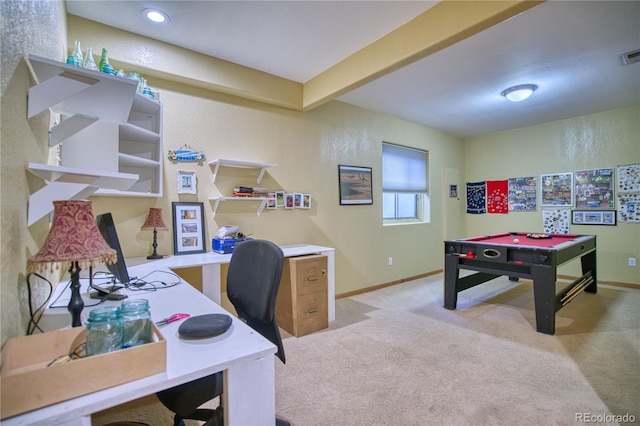 office space with baseboards, visible vents, light colored carpet, and billiards