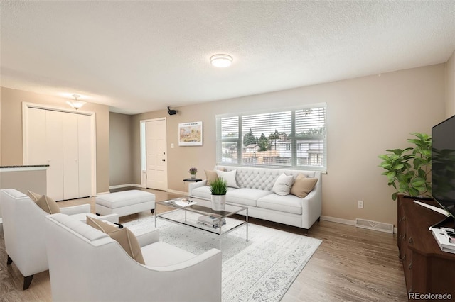 living room featuring hardwood / wood-style floors and a textured ceiling