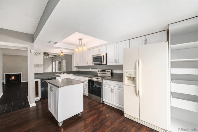 kitchen featuring stainless steel appliances, a sink, dark wood-style floors, and dark countertops