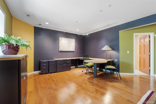 474 Silbrico Way, Castle Rock, CO 80108 - home office featuring light wood-style floors, baseboards, track lighting, and recessed lighting