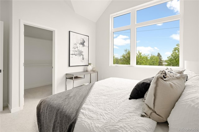 bedroom with lofted ceiling and carpet floors