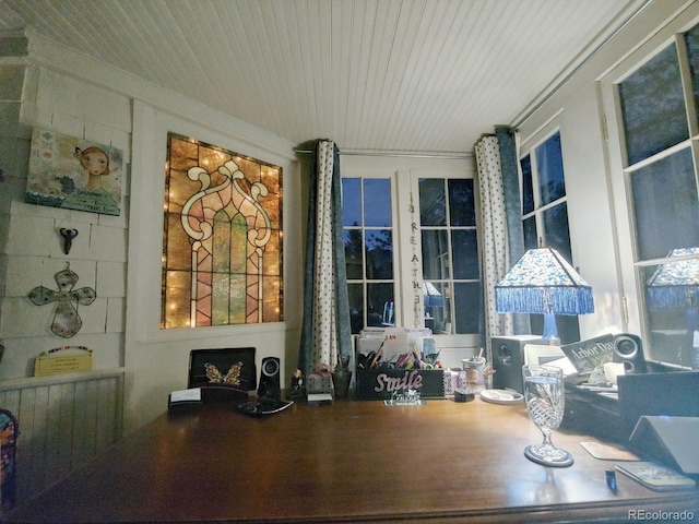 home office with wooden ceiling