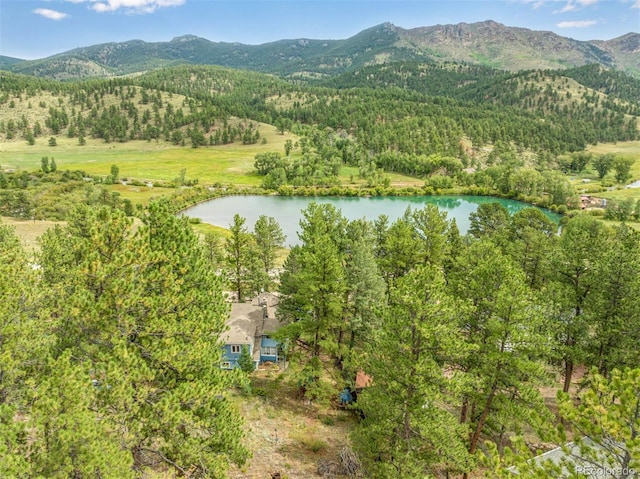 birds eye view of property with a wooded view and a water and mountain view