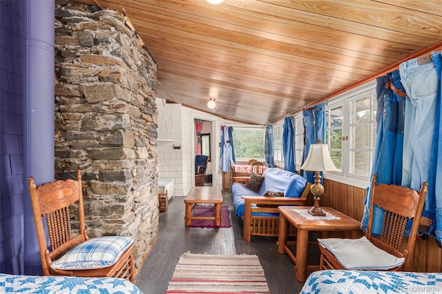 sunroom / solarium with wooden ceiling and lofted ceiling