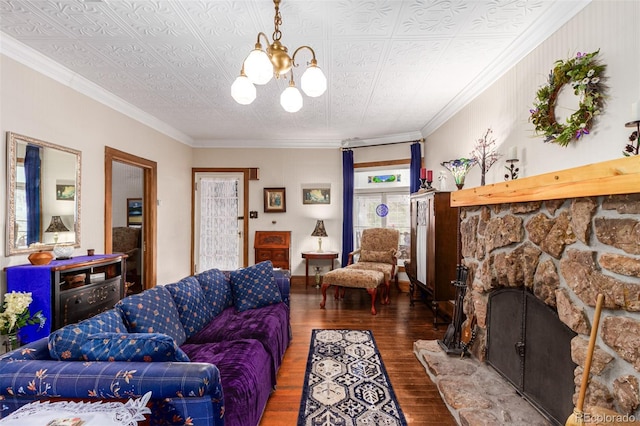 56216 US Highway 285, Shawnee, CO 80475 - living room featuring hardwood / wood-style flooring, a chandelier, a fireplace, and ornamental molding