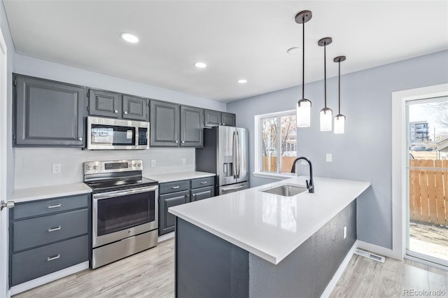 kitchen featuring pendant lighting, sink, appliances with stainless steel finishes, light hardwood / wood-style floors, and kitchen peninsula