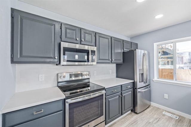 kitchen with stainless steel appliances, decorative backsplash, and gray cabinetry