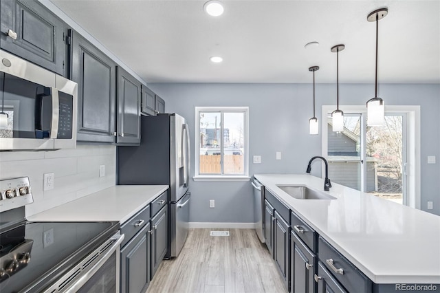 kitchen featuring sink, light wood-type flooring, pendant lighting, stainless steel appliances, and backsplash