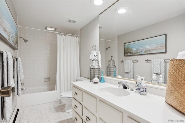 full bathroom with baseboard heating, shower / tub combo, vanity, tile patterned floors, and toilet