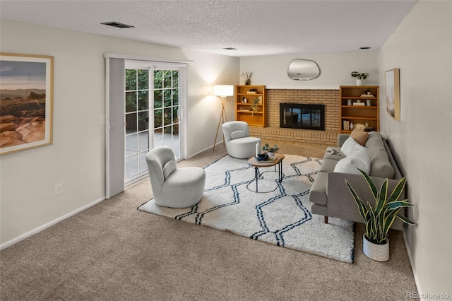 3458 S Norfolk Way, Aurora, CO 80013 - carpeted living room with a brick fireplace and a textured ceiling
