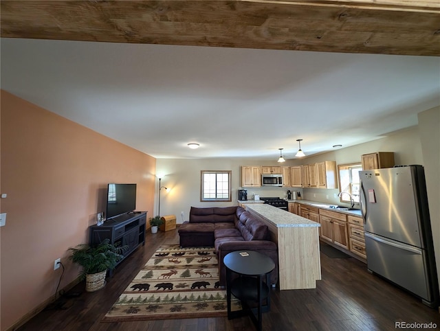 kitchen featuring dark wood-type flooring, appliances with stainless steel finishes, a wealth of natural light, and a kitchen island