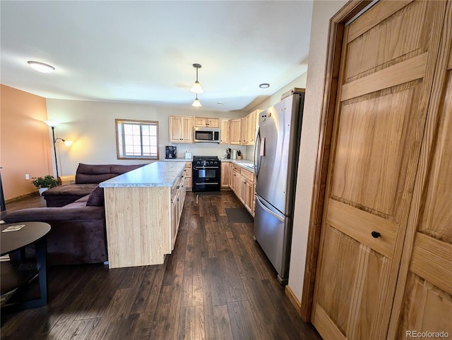 kitchen with pendant lighting, a center island, light brown cabinets, dark hardwood / wood-style flooring, and stainless steel appliances