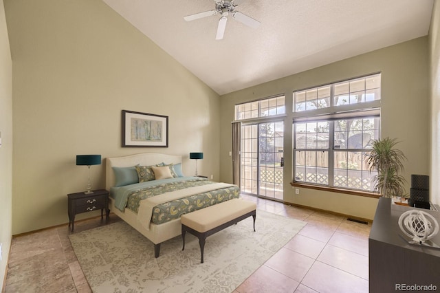 tiled bedroom with high vaulted ceiling, baseboards, access to exterior, and ceiling fan