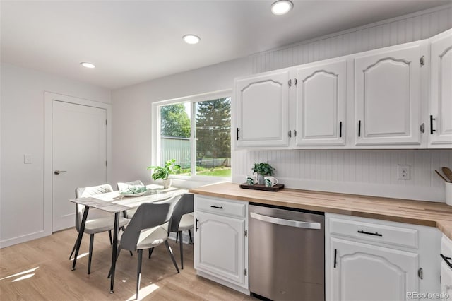 kitchen featuring dishwasher, butcher block countertops, white cabinetry, light wood finished floors, and recessed lighting