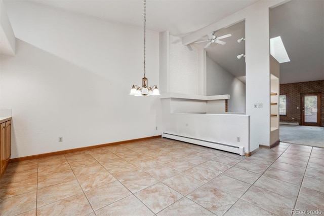 2010 46th Ave Unit 20, Greeley, CO 80634 - unfurnished dining area with a baseboard radiator, a chandelier, a ceiling fan, high vaulted ceiling, and light tile patterned flooring