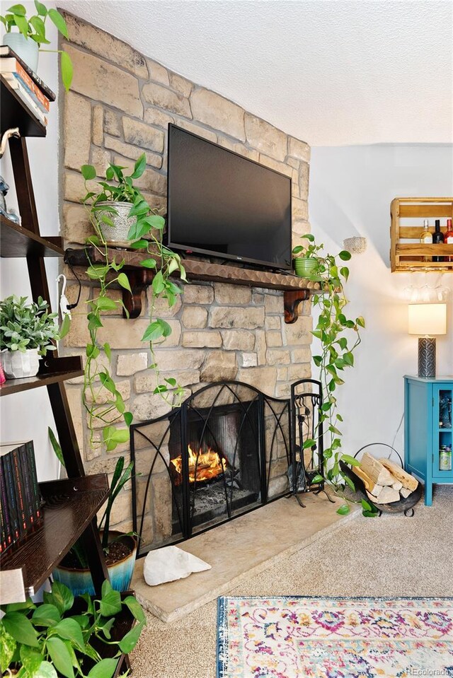 details featuring a fireplace and a textured ceiling